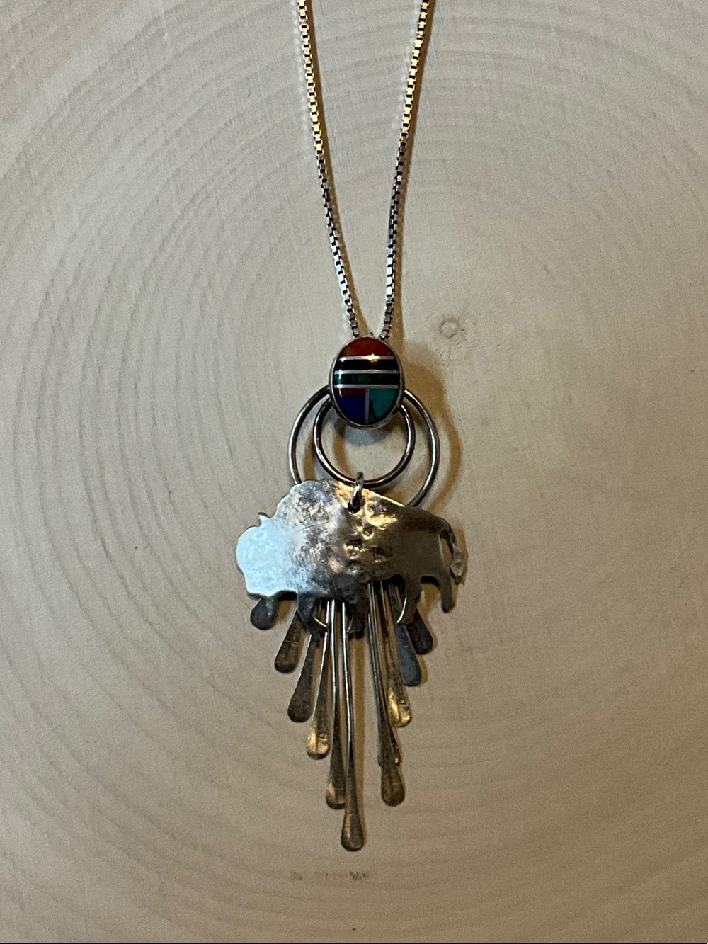 Sterling Silver Buffalo Pendant Necklace with Multicolor Inlay - Picture 1 of 14